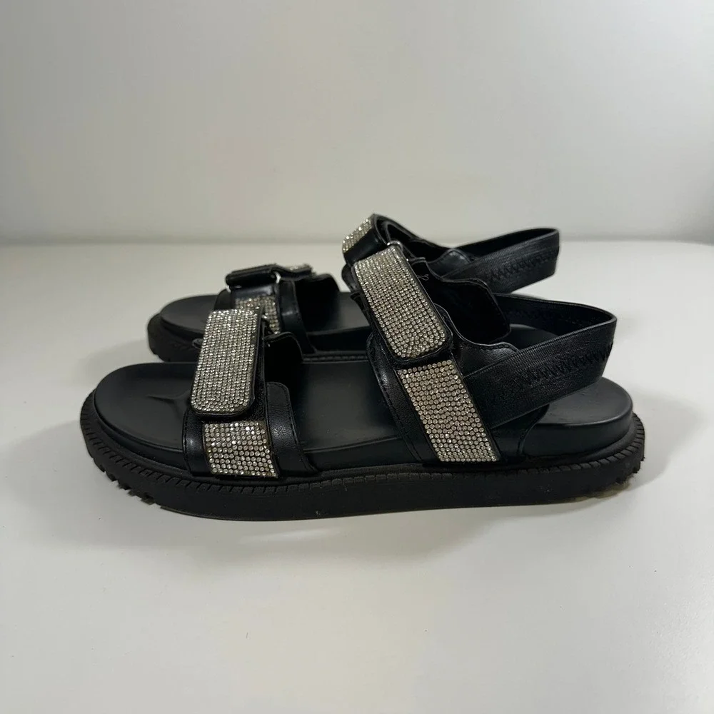 Madden NYC Women Black Rhinestone Chunky Platform Sandals Size 6 Hook Loop Strap